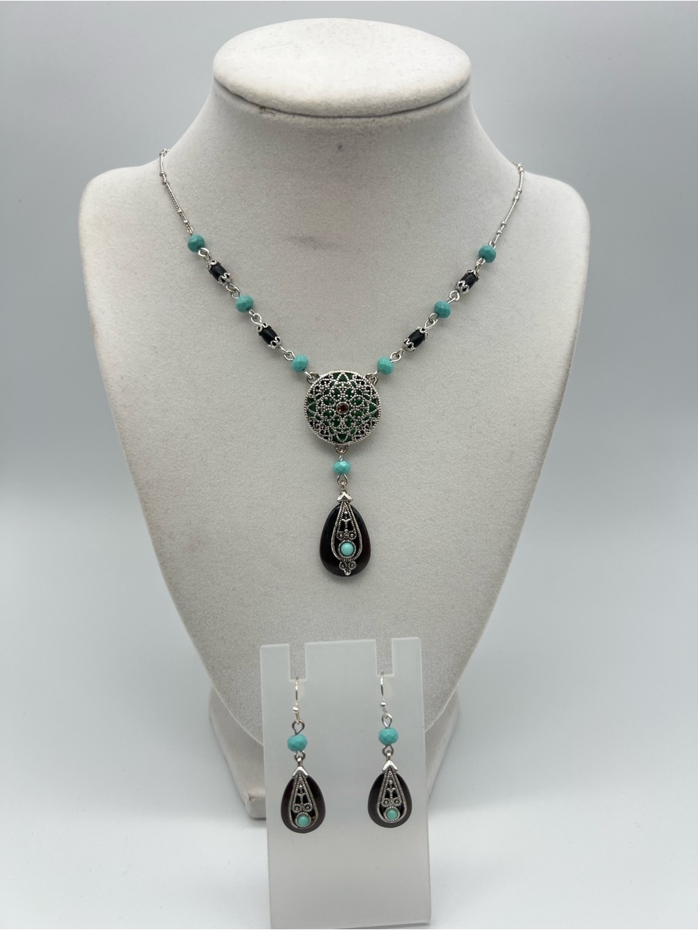 Vintage NR Brown & Turquoise Filigree Necklace & Earrings Set